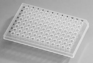 Picture of 0.1 mL 96 Well PCR Plate, Full Skirt, Clear, H1 Notch, 5/bag, 25/pk 402501