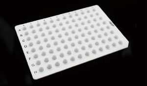 Picture of 0.1 mL 96 Well PCR Plate, No Skirt, White, H12 Notch, 5/bag, 25/pk 402111