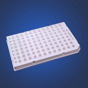 Picture of 0.1 mL 96 Well PCR Plate, Semi Skirt, White, A1 Notch, 5/bag, 25/pk 402411