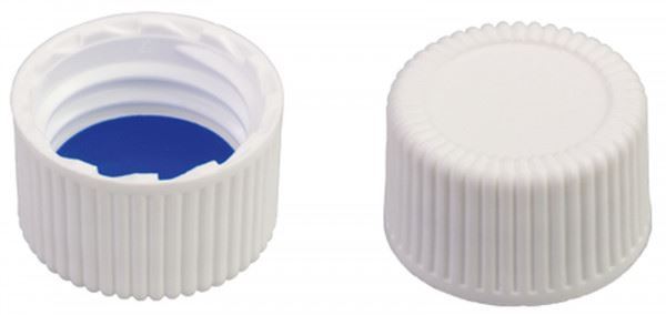 Screw closure (bonded), N 15, PP, white, closed top, Silicone w./PTFE blue,1.3mm 702114