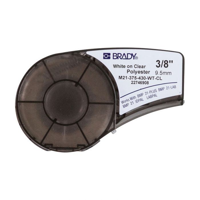 BMP21 Series, B-430 Clear Polyester labels, 12.7mm x 6.4 Metres, White on Clear, 139747