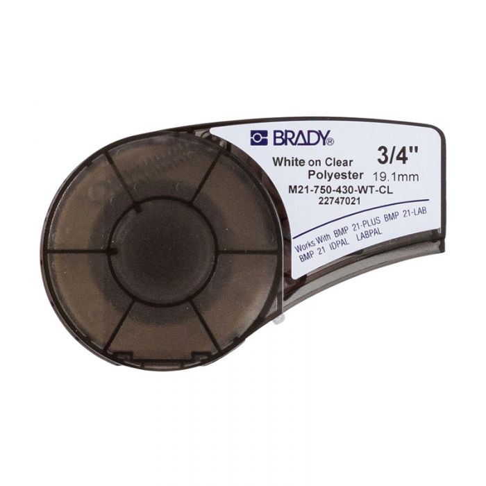 BMP21 Series, B-430 Clear Polyester labels, 19.05mm x 6.4 Metres, White on Clear, 139749