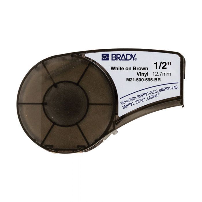 BMP21 Plus Series B-595 Indoor Outdoor Vinyl Labels, White on Brown, 19.05mm x 6.4 Meters, 139737