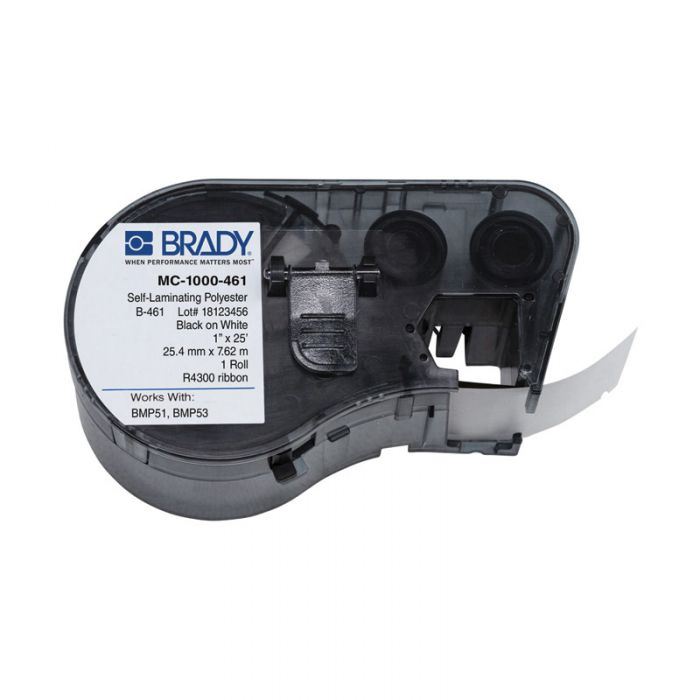 BMP51 BMP53 B-461 Self-laminating Polyester Laboratory Labels, Black/White, 25.4mm x 7.6 Meters, (was 143293), 170876
