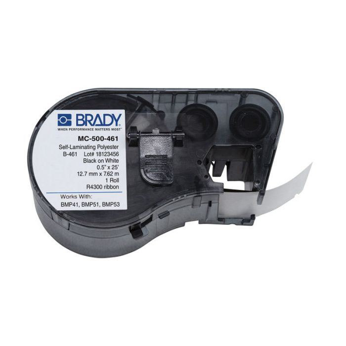 BMP51 BMP53 B-461 Self-laminating Polyester Laboratory Labels, Black/White, 12.7mm x 7.6 Meters, (was 143288), 170765