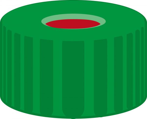 Screw closure, N 9, PP, green, center hole, PTFE red/Silicone w./PTFE red,1.0mm  702085 