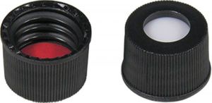 Picture of Screw closure (bonded), N 10, PP, black, center hole, Silicone w./PTFE red,1.0mm 702046 