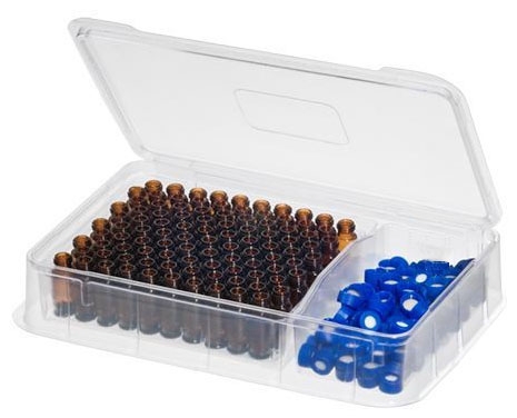 Amber 9mm Thread R.A.M.™ Vial w/Grad. Spot, 12x32mm,  0.040" PTFE/Butyl Rubber Septa, Smooth Black Cap, 80494EF-12A