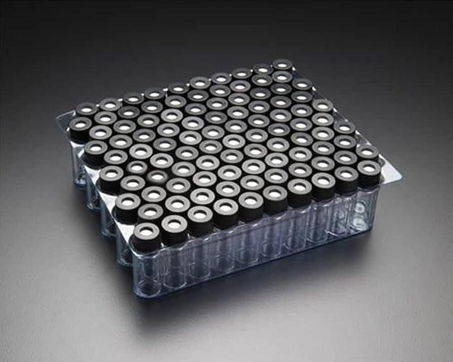 Clear 9mm Thread R.A.M.™ Vial w/Grad. Spot, 12x32mm,  0.040" Red PTFE/Silicone Septa, Ribbed Black Cap, 80495E-12F