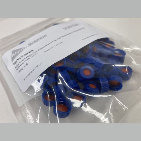 Picture of PFAS screw cap,Blue 9-425 Open Top Ribbed Screw Cap with 9mm Septa Polyimide/Red Silicone 1mm Thick. 100pcs/pk MSVC9-SFRB
