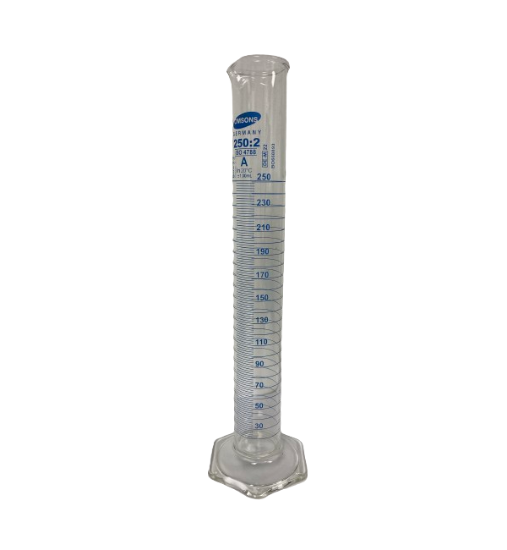Picture of 250ml Measuring Cylinder Temperature @20C ISO/DIN 4788 Hexagonal Base Class'A', 2400.100.06