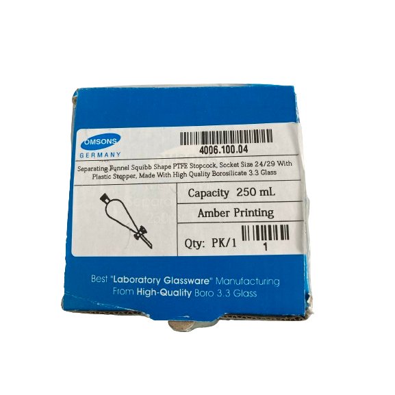Separating Funnel Squibb Shape PTFE Stopcock, 250ml, Amber Printing, PK1, MS 4006.100.04