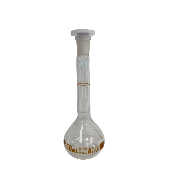 Volumetric Flasks, Clear, Glass 'A' with Batch Certificate, 50ml, Amber Circle, pk2, MS 3600.102.07