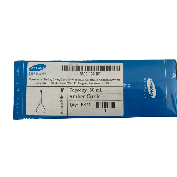 Volumetric Flasks, Clear, Glass 'A' with Batch Certificate, 50ml, Amber Circle, pk2, MS 3600.102.07