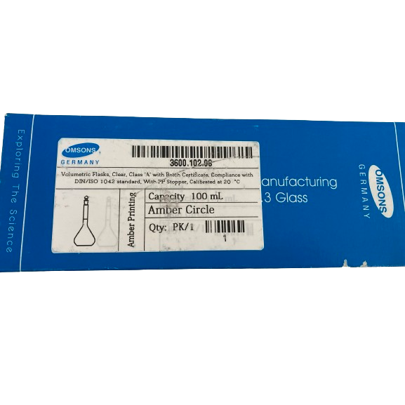 Volumetric Flasks, Clear, Class 'A' with Batch Certificate, 100ml, Amber Circle, pk2, MS 3600.102.08
