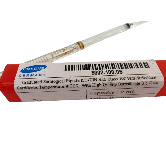 Graduated Seroiogical Pipette ISO/DIN 835, Glass'AS' With Individual Certificate, 2ml, Amber Printing, pk10, MS 5802.100.05