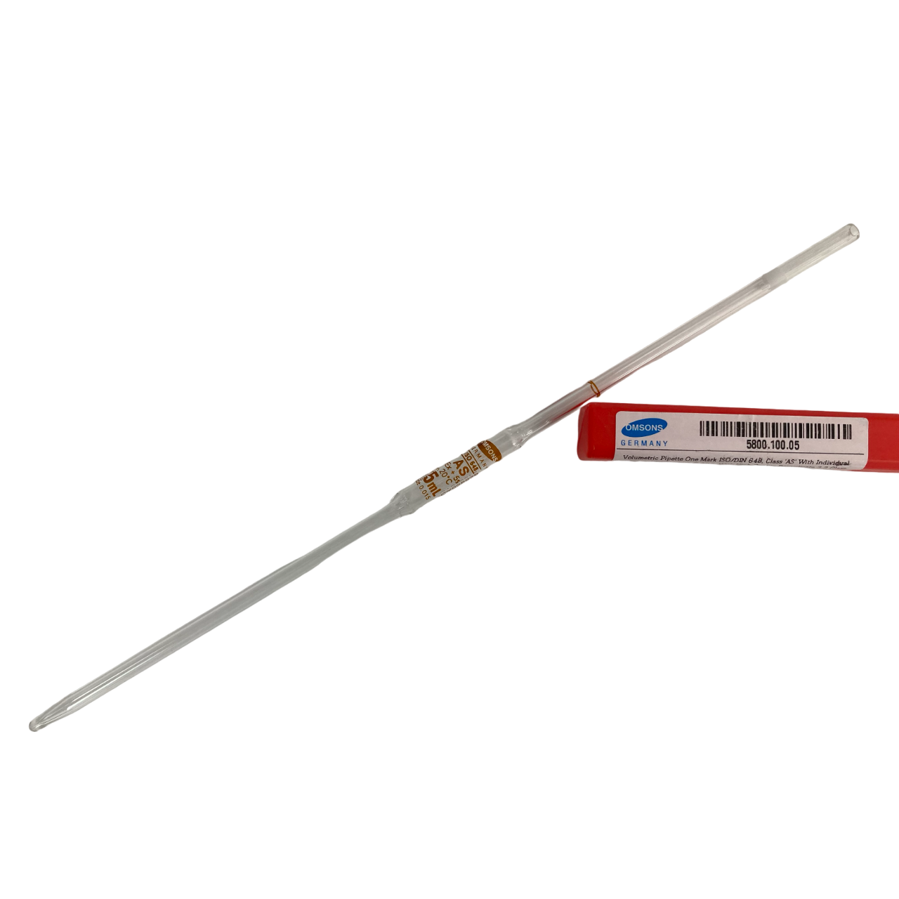 Volumetric Pipette One Mark ISO/DIN 648, Class 'AS' With Individual Certificate, 5ml, Amber Printing, pk10, MS 5800.100.05