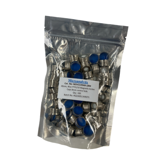 Picture of 18mm Screw Blue Magnetic Metal cap Blue PTFE/white Sil septa, MSVC5356B-18M(100)