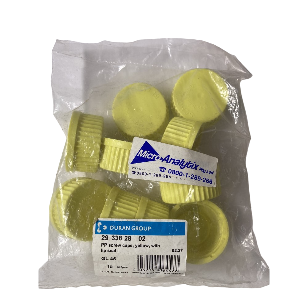 PP Screw caps yellow with lip seal GL45 pk10, 293382802