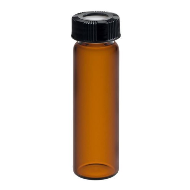 40mL Amber Vial, 24-400mm Open Top Black Closure, 0.125" PTFE/Silicone Top Hat™ Lined 9A-130