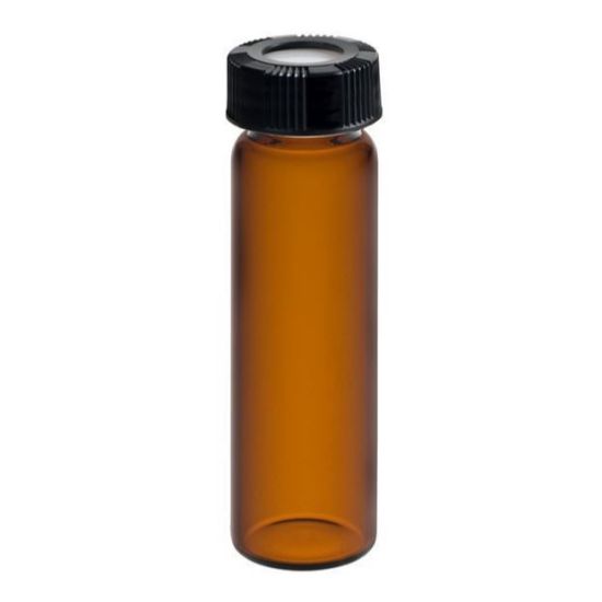 Picture of 40mL Amber Vial, 24-400mm Open Top Black Closure, 0.125" PTFE/Silicone Top Hat™ Lined 9A-130