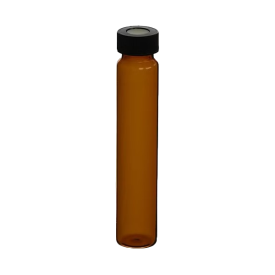 Picture of Precleaned - 60mL Amber Vial, 24-400mm Open Top Black Closure, 0.125" PTFE/Silicone Top Hat™ Lined 9A-135-2