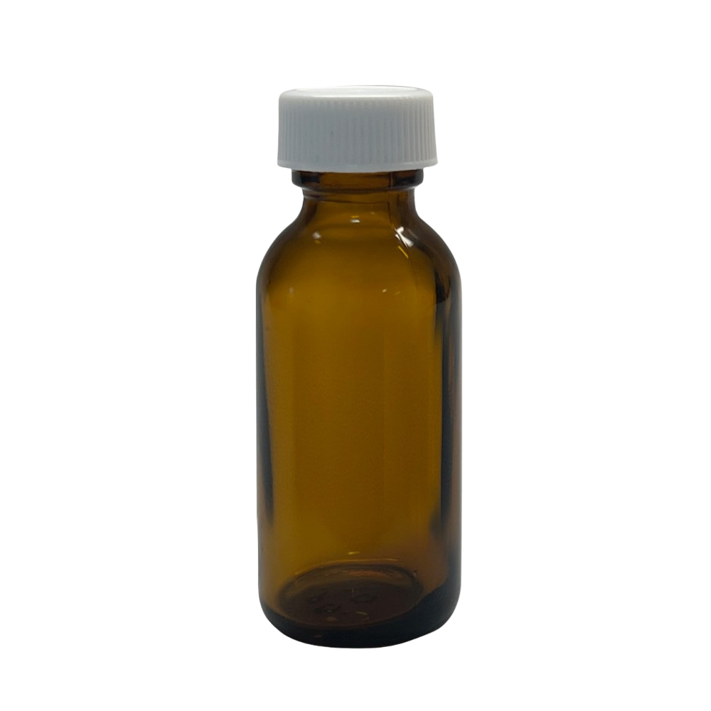 1 oz, 30mL Amber Boston Round,  31x79mm, 20-400mm Thread, White Closure, PTFE Lined  9A-170