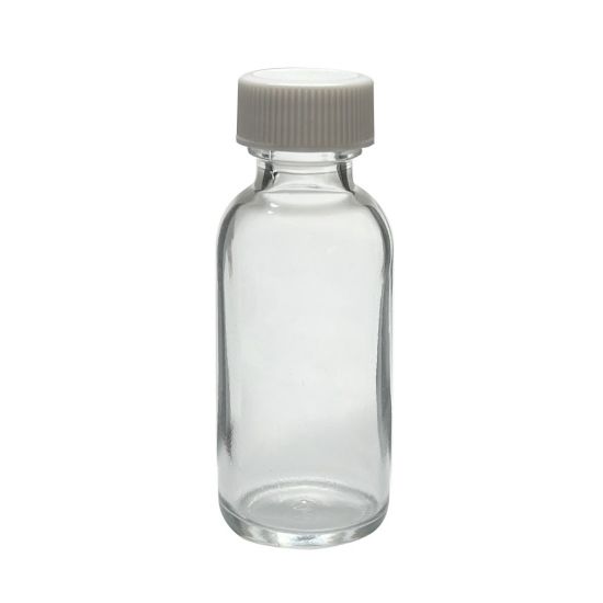 Picture of 1 oz, 30mL Clear Boston Round, 31x79mm, 20-400mm Thread, White Closure, PTFE Lined  9-170