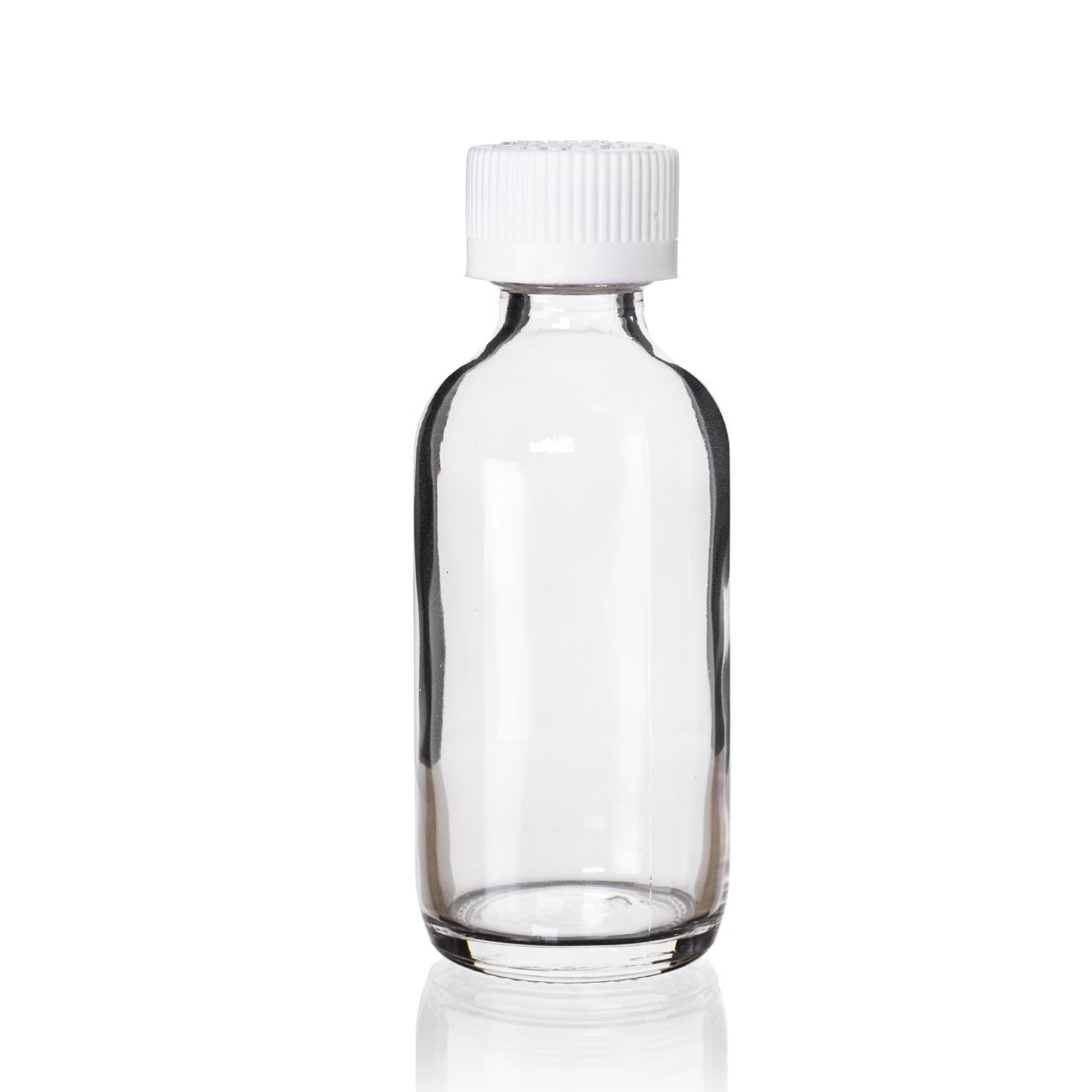 2 oz, 60mL Clear Boston Round, 39x94mm, 20-400mm Thread, White Closure, PTFE Lined  9-171