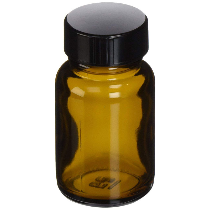 1 oz, 30cc Amber Packer, 36x65mm, 28-400mm Thread, Phenolic Closure, PE Cone Lined D0173-1