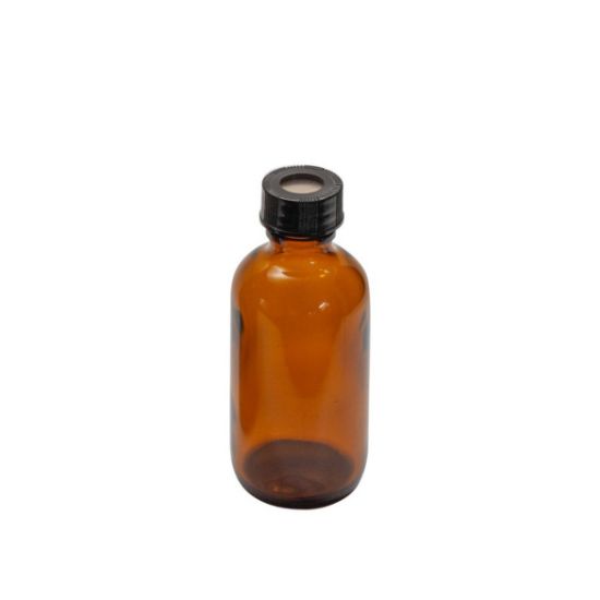 Picture of 2 oz, 60mL Amber Septum Bottle, 39x94mm, 20-400mm Open Top Black PP Cap, PTFE/Silicone Septa  9A-161