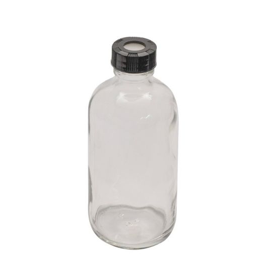 Picture of 4 oz, 125mL Clear Septum Bottle, 48x112mm, 22-400mm Open Top Black PP Cap, PTFE/Silicone Septa  9-162