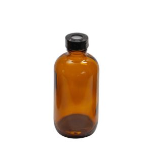 Picture of 4 oz, 125mL Amber Septum Bottle, 48x112mm, 22-400mm Open Top Black PP Cap, PTFE/Silicone Septa  9A-162