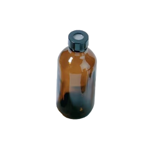 Picture of 8 oz, 250mL Amber Septum Bottle, 60x136mm, 24-400mm Open Top Black PP Cap, PTFE/Silicone Septa  9A-163