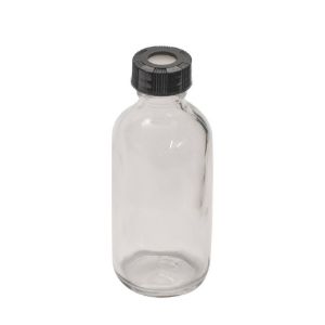 Picture of 8 oz, 250mL Clear Septum Bottle, 60x136mm, 24-400mm Open Top Black PP Cap, PTFE/Silicone Septa  9-163