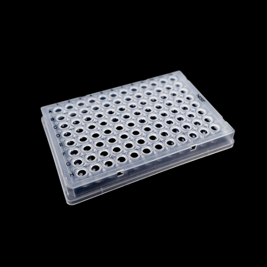 Picture of 0.1 mL 96 Well PCR Plate, Full Skirt, Clear, H1 Notch, 5/bag, 25/pk 402501