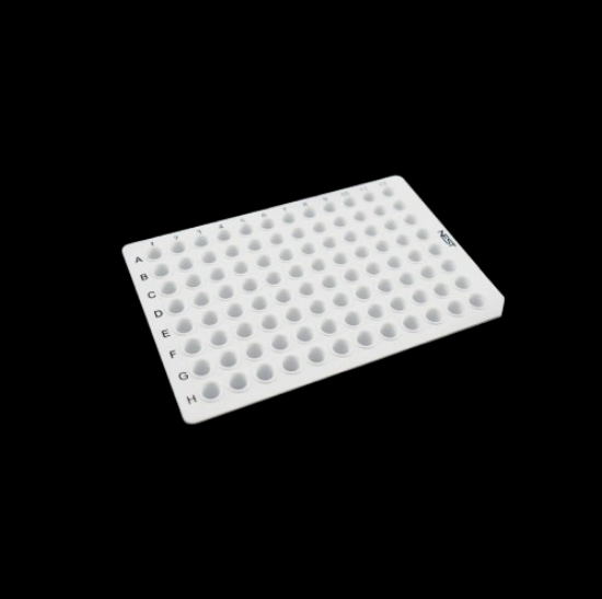 Picture of 0.1 mL 96 Well PCR Plate, No Skirt, White, H12 Notch, 5/bag, 25/pk 402111