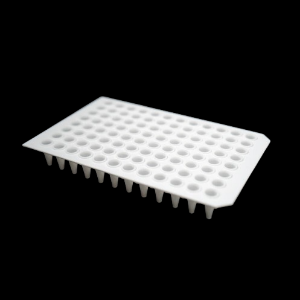 Picture of 100 ul 96 Well PCR Plates, No Skirt, Roche, A12/H12 Notch, White, 10/pk 402812