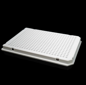 Picture of 40 ul 384 Well PCR Plates, Semi Skirt, Compatible with Roche Machine, White Frame, A24 Notch,  White, 10/pk 409013