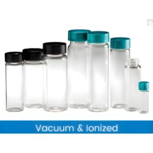 Picture of 17 x 60mm 2 dram (7.5ml) Clear Borosilicate Glass Vial with 15-425 Green Thermoset F217 & PTFE Lined Cap attached Vacuum & Ionized,  Case of 144, GLC-05186