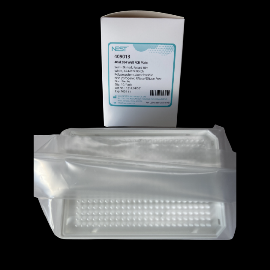 Picture of 40 ul 384 Well PCR Plates, Semi Skirt, Compatible with Roche Machine, White Frame, A24 Notch,  White, 10/pk 409013